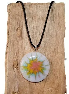 Pastel Tie Dye look fused glass Circle pendant necklace jewelry, rainbow color on 20 inch steel chain