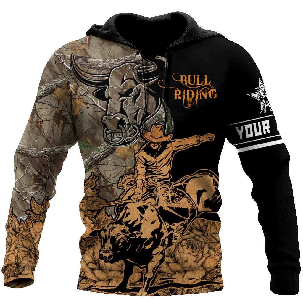 Personalized 3D Full Printed Bull Riding Hoodie Camo Pattern, Bull Riding Art On Hoodies