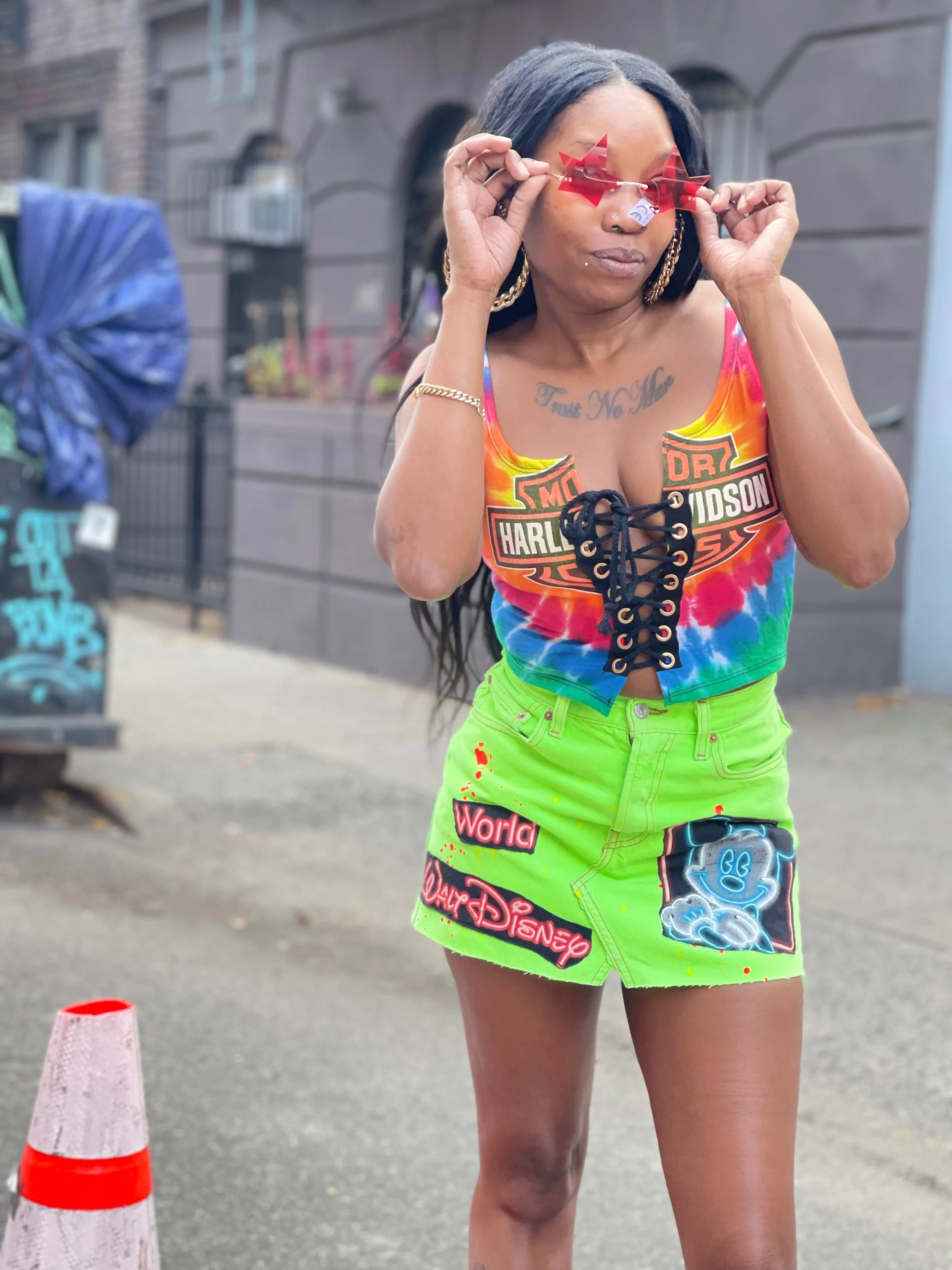 Reworked Vintage Neon Green Denim Mini Skirt