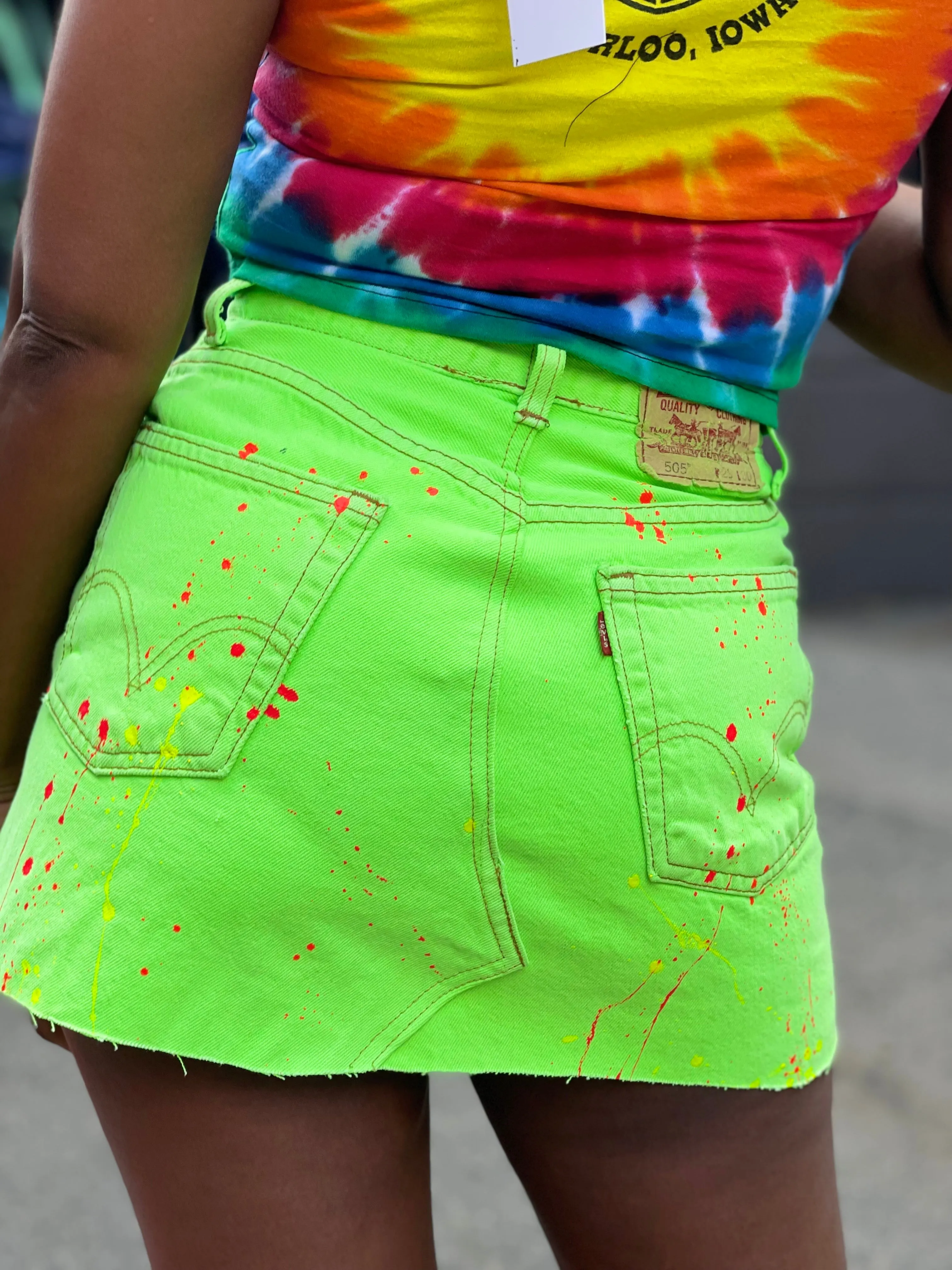 Reworked Vintage Neon Green Denim Mini Skirt