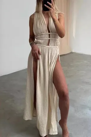 Sexy Bohemian Solid Slit V Neck Beach Dresses(3 Colors)