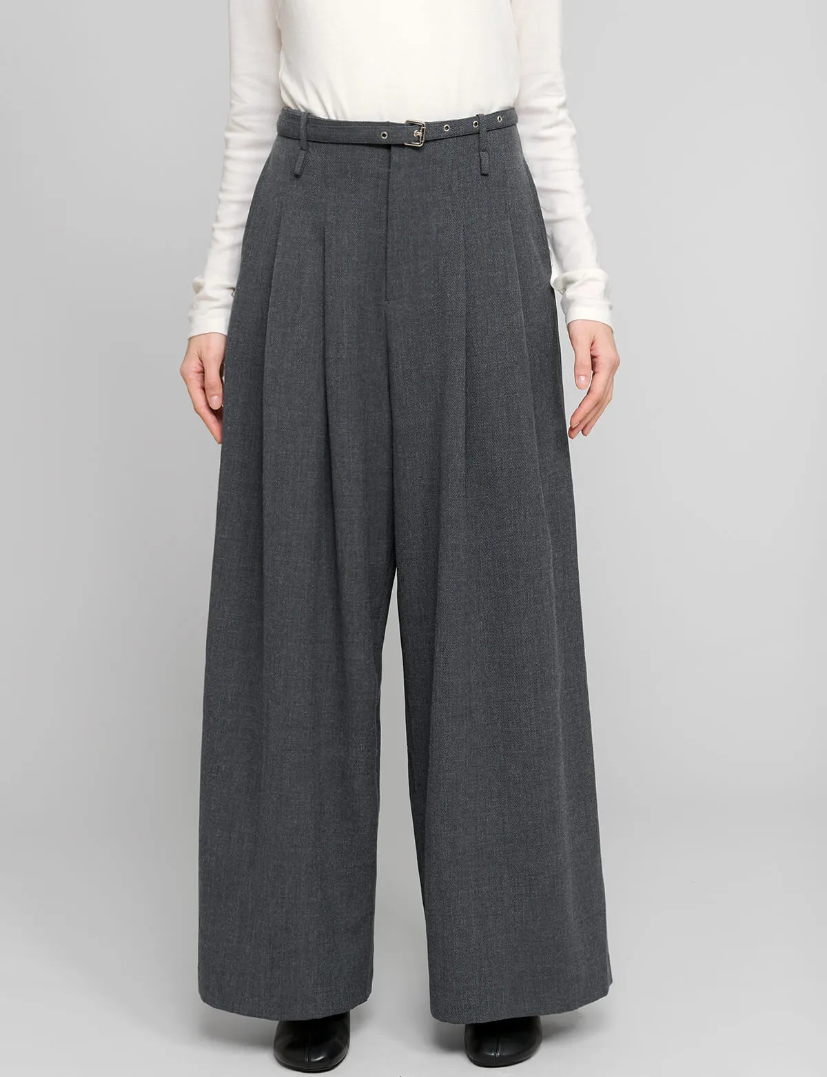 Smocking Grey Belted Wide Leg Pants