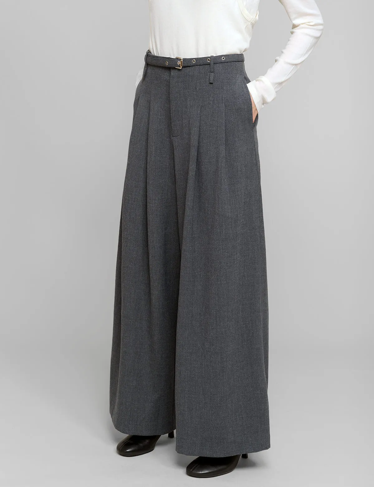 Smocking Grey Belted Wide Leg Pants