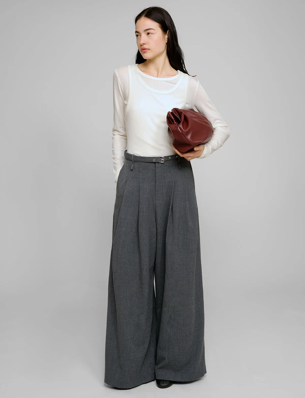 Smocking Grey Belted Wide Leg Pants