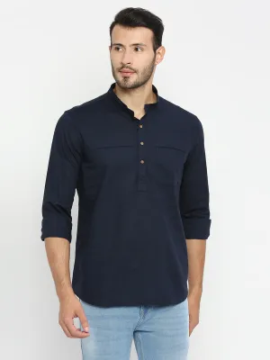 Spykar Men Navy Blue Cotton Linen Full Sleeve Plain Kurta