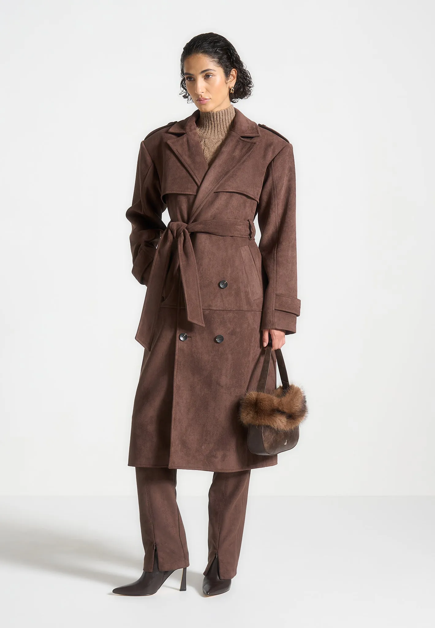 Suede Trench Coat - Brown