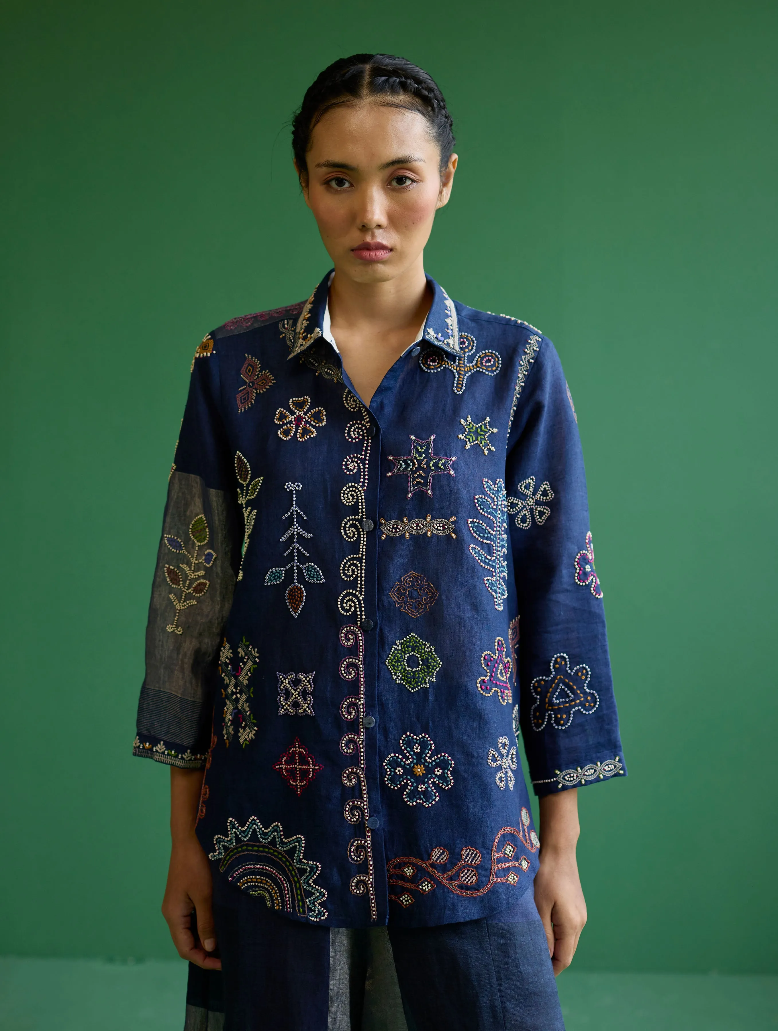 Tansa Hand-Embroidered Metallic Linen Shirt - Navy