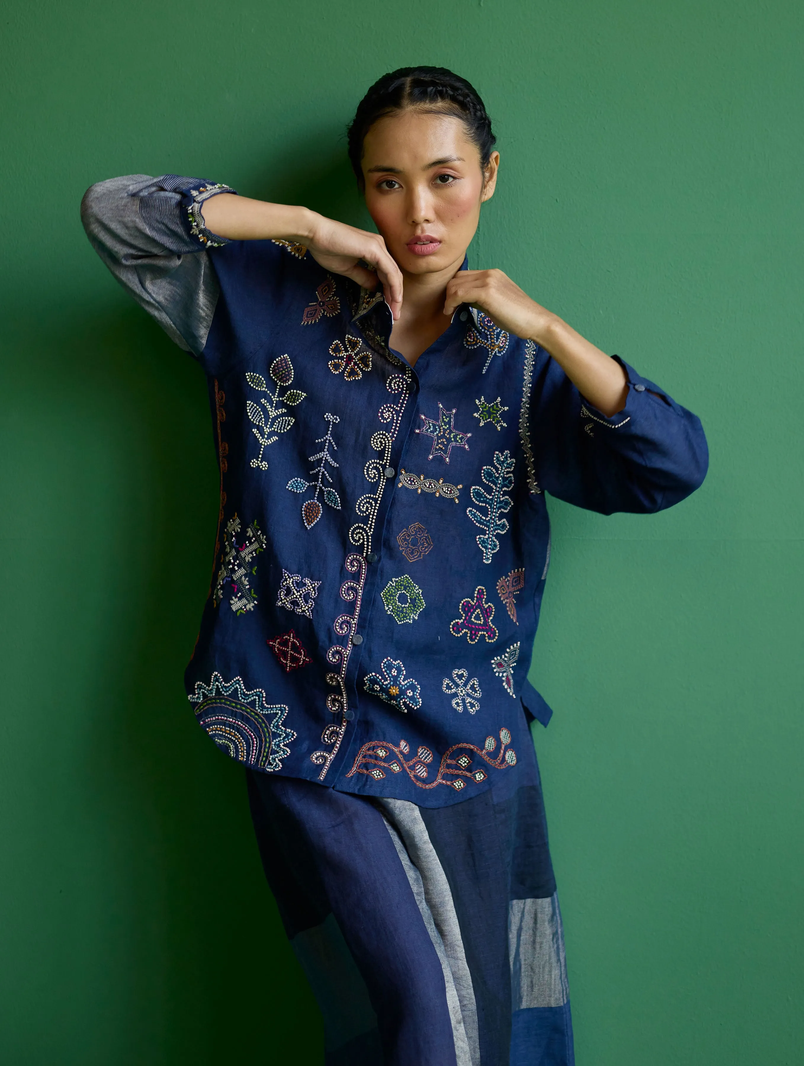 Tansa Hand-Embroidered Metallic Linen Shirt - Navy