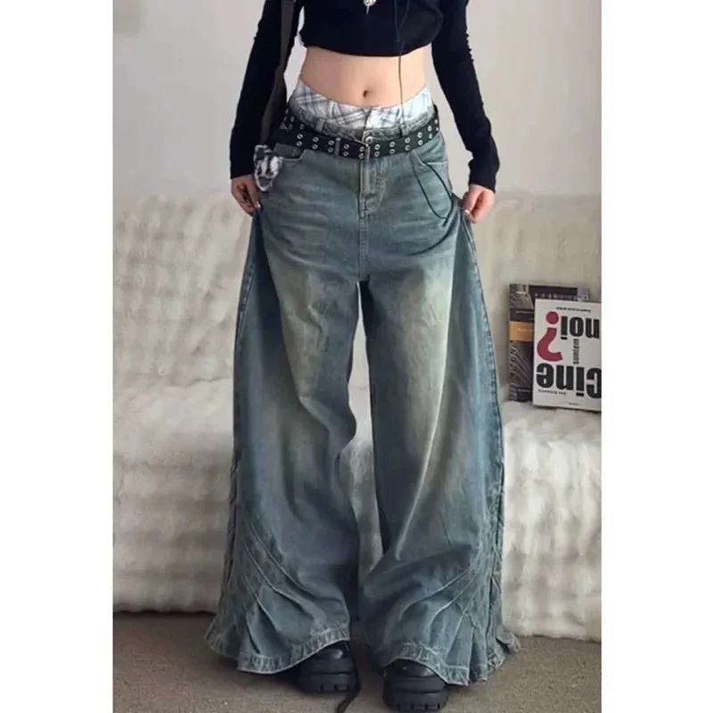 TAVIMART  -  Y2K Blue Jeans Women Design Sense 90S Vintage High Waisted Jean Straight Trouser Streetwear Casual Loose Wide Leg Denim Pants