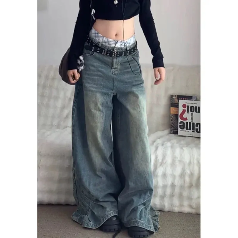 TAVIMART  -  Y2K Blue Jeans Women Design Sense 90S Vintage High Waisted Jean Straight Trouser Streetwear Casual Loose Wide Leg Denim Pants