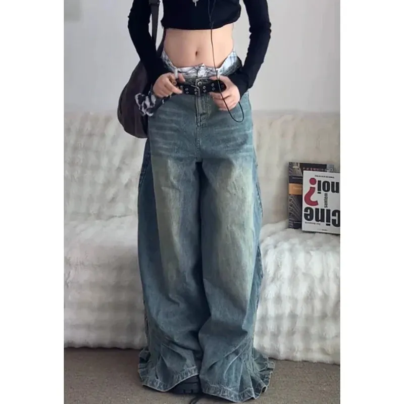 TAVIMART  -  Y2K Blue Jeans Women Design Sense 90S Vintage High Waisted Jean Straight Trouser Streetwear Casual Loose Wide Leg Denim Pants