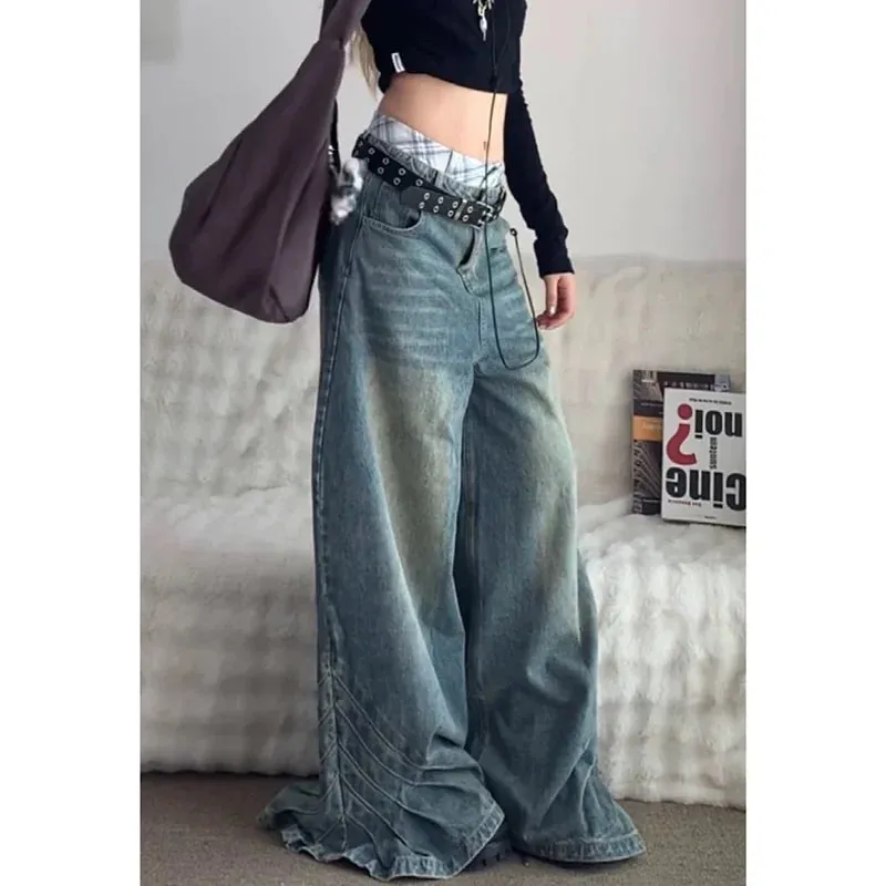 TAVIMART  -  Y2K Blue Jeans Women Design Sense 90S Vintage High Waisted Jean Straight Trouser Streetwear Casual Loose Wide Leg Denim Pants