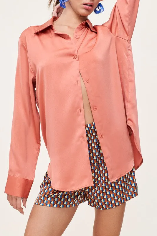 The Saylor Satin Button Down in Fusion Coral