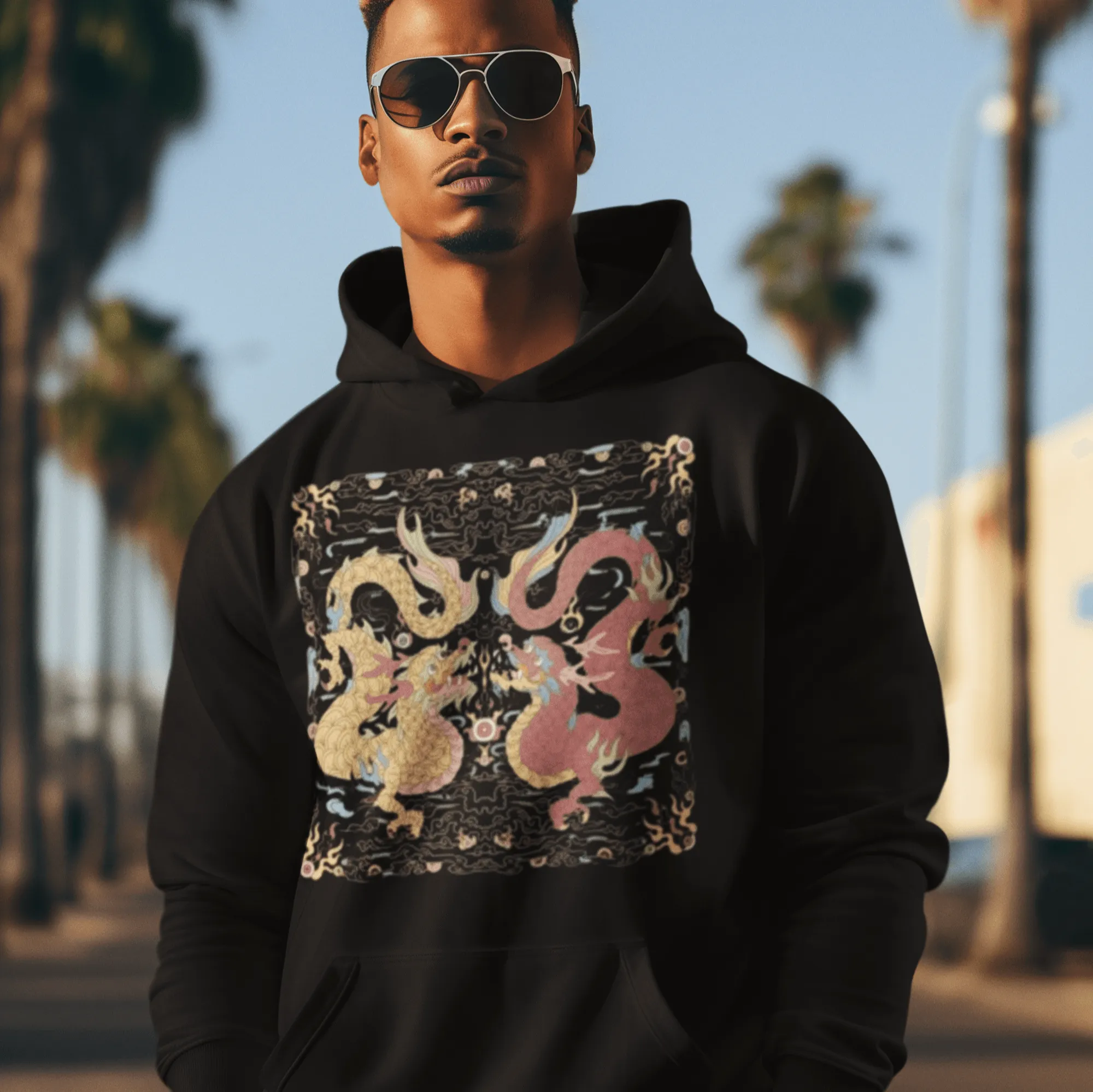 Twin Dragon Hoodie Blended Cotton Midweight Unisex DTG Printed Hoodie