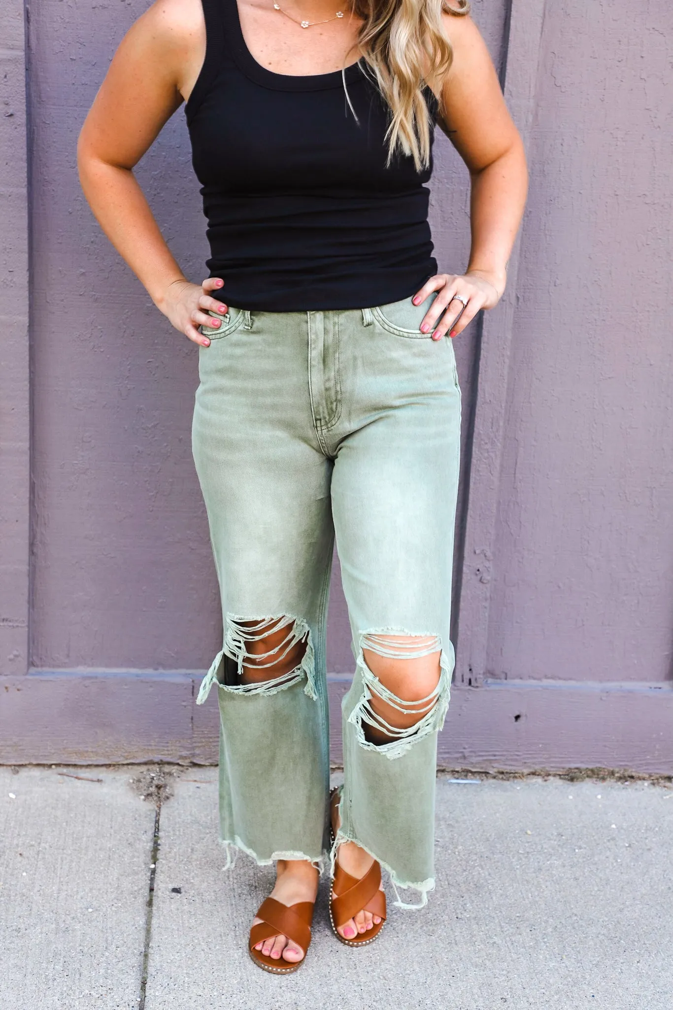 Vervet Olive Cropped Distressed Jean