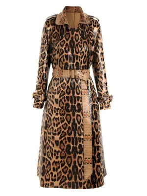 Wenkouban-Winter outfits Christmas Black Friday Brown Leopard Printed Long Belt PU Leather Style Trench Coat