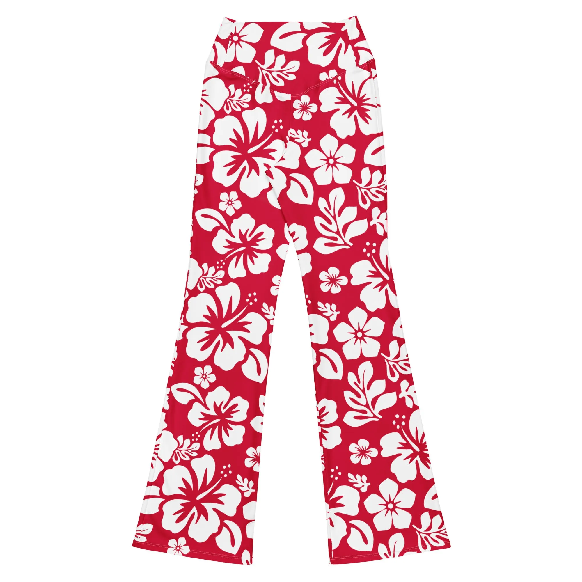 White and Red Hawaiian Flowers Flare Leggings