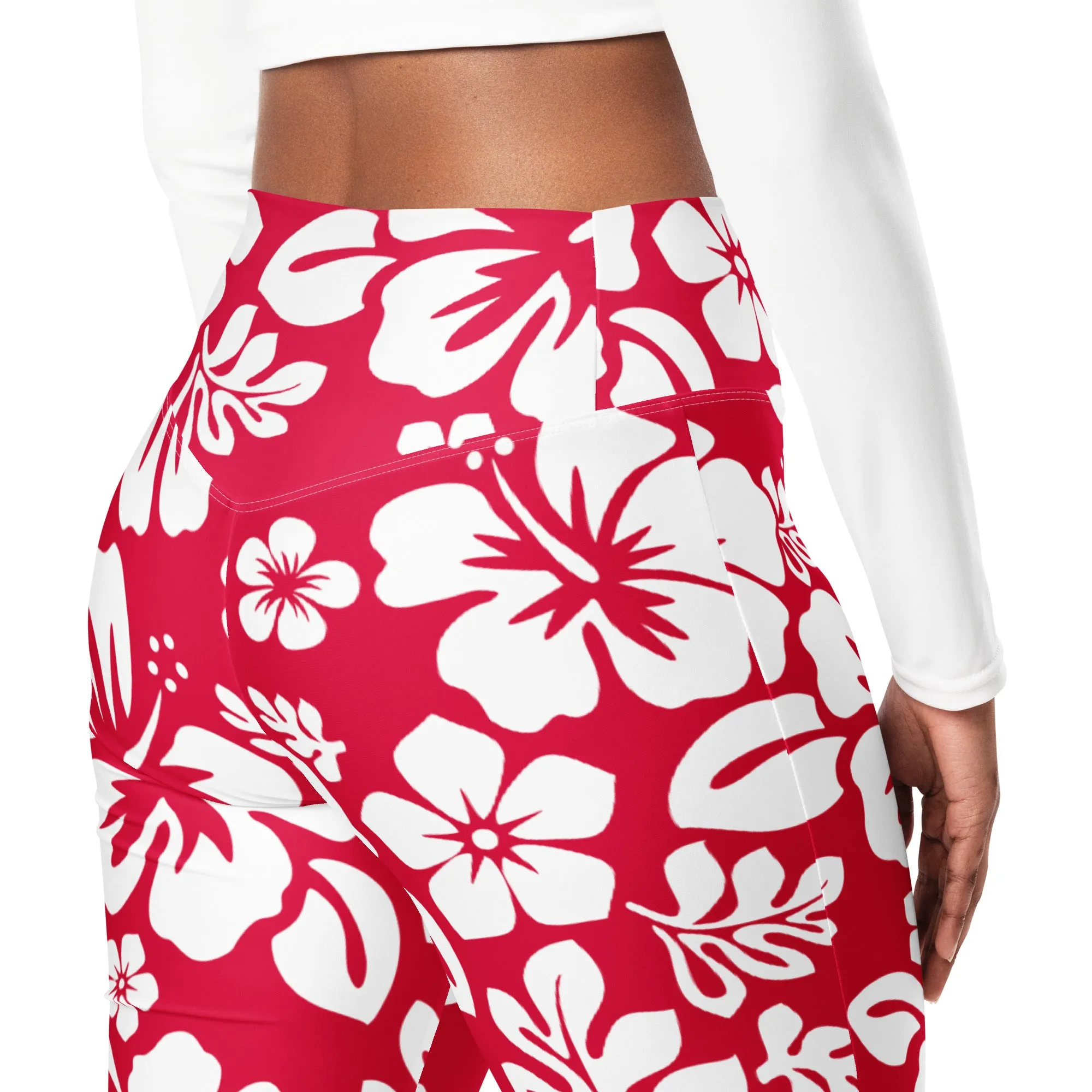 White and Red Hawaiian Flowers Flare Leggings