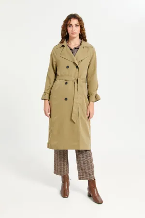 Women Khaki Plain Belted Trench Coat