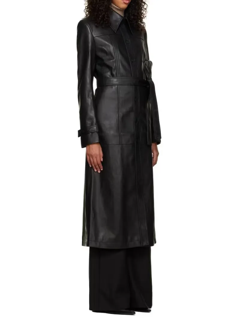 Women's Black Sheepskin Leather Trench Coat with Waist Belt