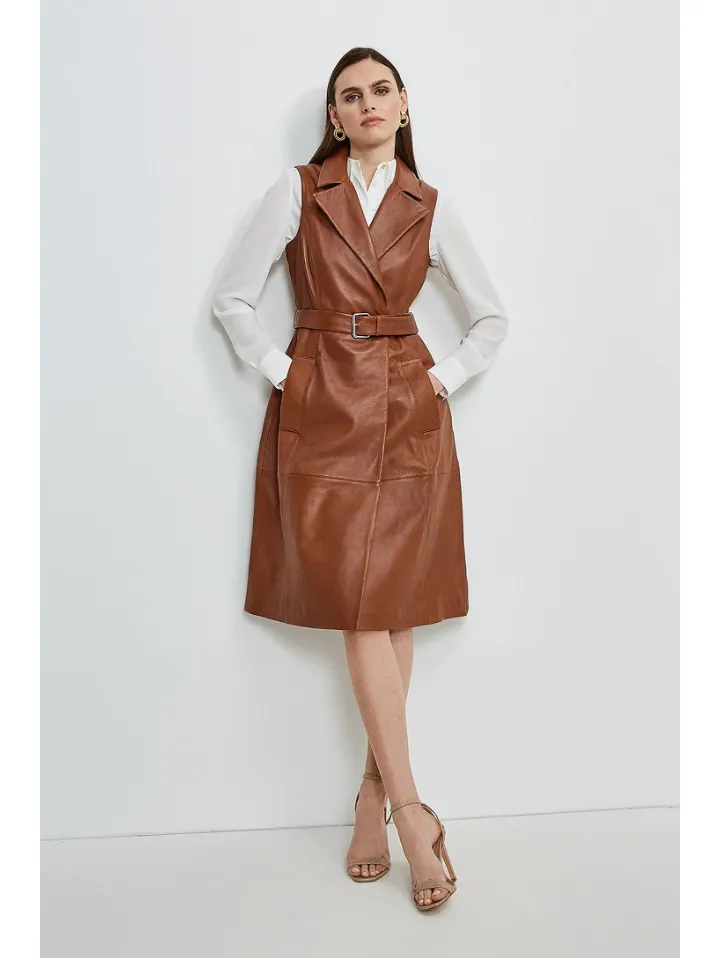 Women’s Sleeveless Tan Brown Sheepskin Leather Trench Coat